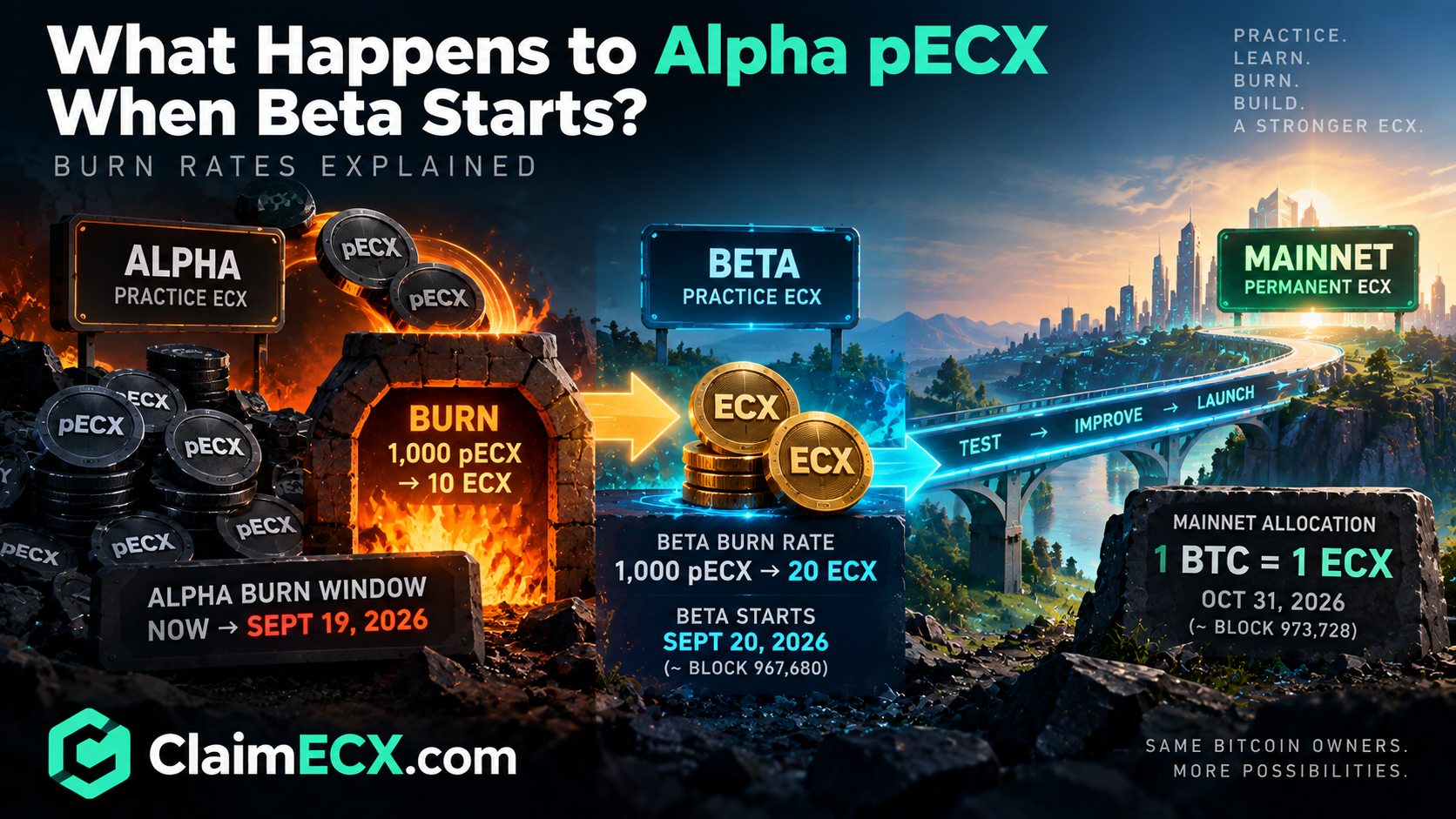 Alpha pECX to ECX Beta Burn Rates and Deadline Alpha pECX, Beta pECX and Mainnet ECX burn rates with stage deadlines