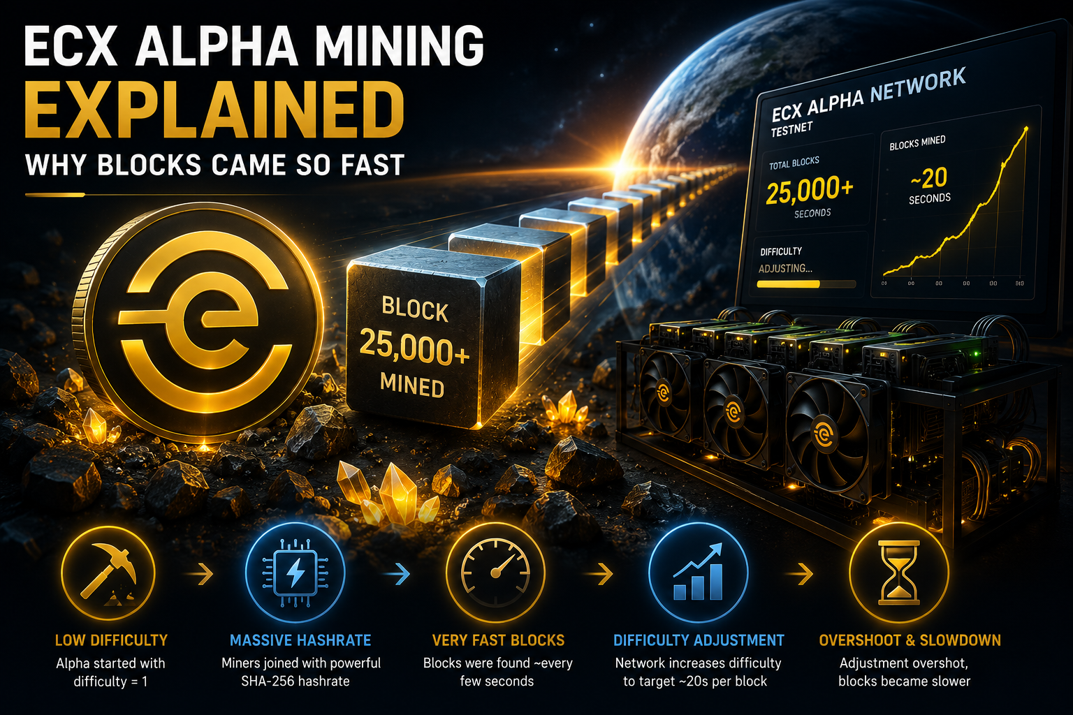 ECX Alpha mining and difficulty adjustment showing fast early blocks from low starting difficulty